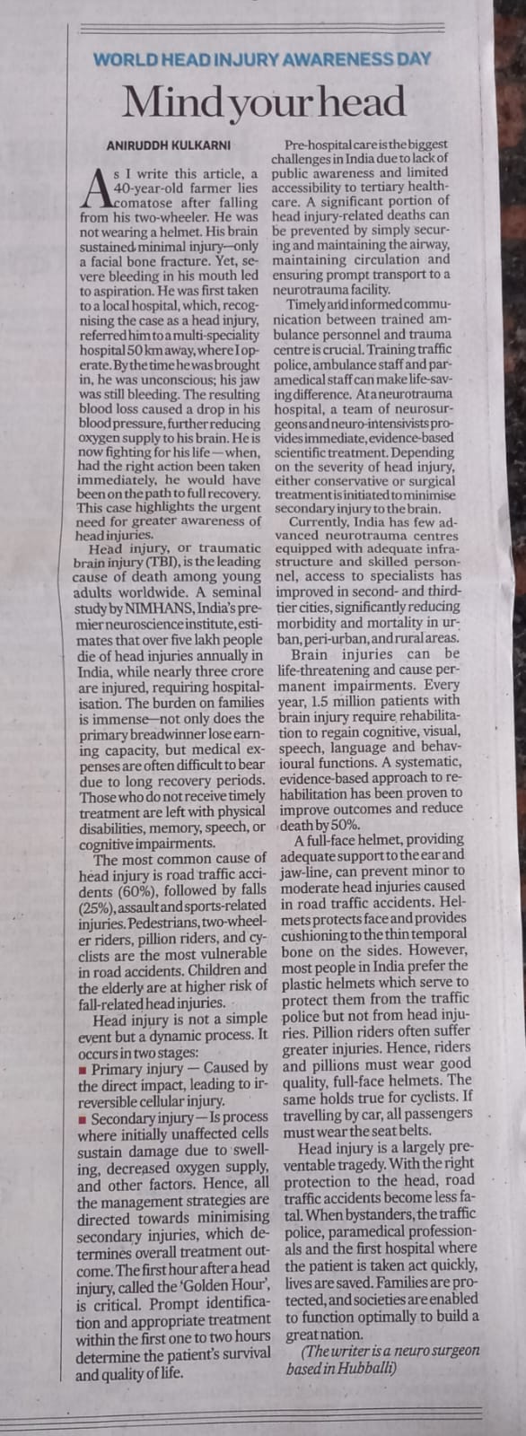 World Head Injury Awareness Day in Deccan Herald Newspaper by Dr.Aniruddh Kulkarni.